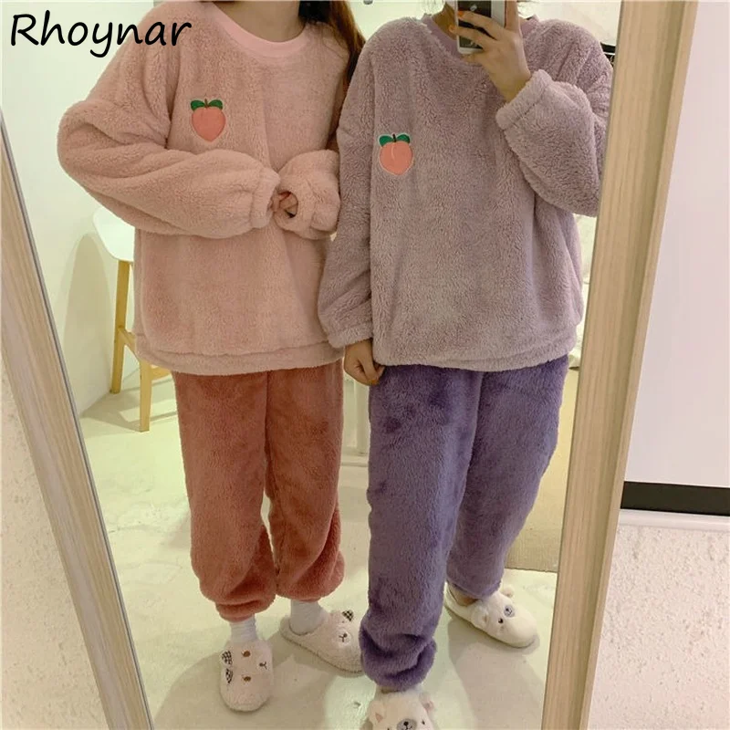 

Pajama Sets Women Panelled Winter Warm O-neck Simple Sweetie Feminino Japanese Style Cozy Nightwear Prevalent College Sleepwear