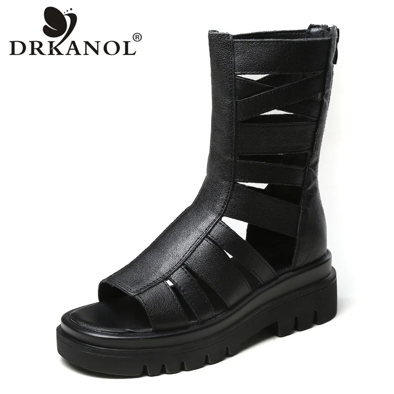 

DRKANOL Brand 2023 Women Sandals Open Toe Genuine Leather Back Zipper Wedges Platform Gladiator Sandals Women Summer Cool Boots