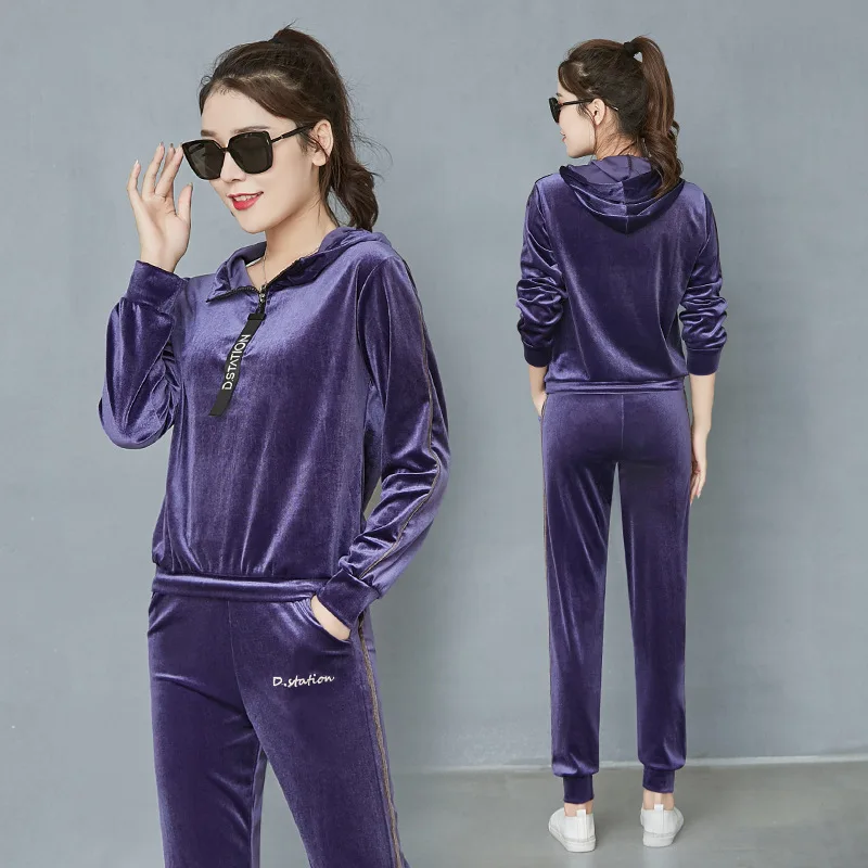 Purple Wei small Осенняя и зимняя женская куртка спортивная модная повседневная мягкая велюровая Толстовка комплект из 2 предметов пуловер с длинными рукавами спортивные костюмы - Цвет: Purple Wei small