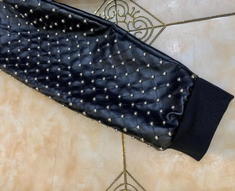 

Women Winter Sexy Long Sleeve Studded Diamonds Black Leather Two Pieces Set 2021 Celebrity Designer Fashion Women's Set