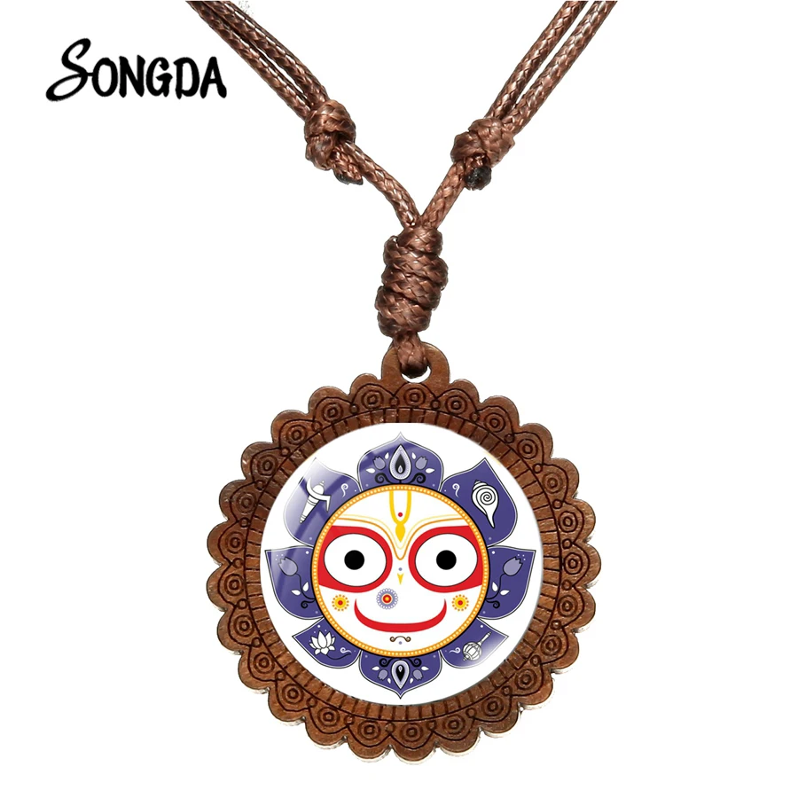 

Lord Jagannath Necklace OM Lotus Puri India Hindu God Pendant Wooden Necklace Glass Dome Vintage Handmade Women's Jewelry