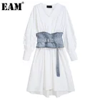 Женское джинсовое платье EAM, белое длинное платье свободного покроя с v-образным вырезом и длинным рукавом, весна-осень 2021, 1DD4519
