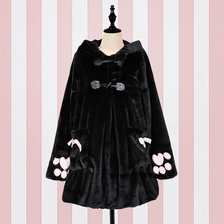 

Winter Warm Cartoon Thick Plus Velvet Hooded Coat Kawaii Cute Sweat Soft Overcoat Autumn Lolita Cat Paw Embroidery Jacket M3089