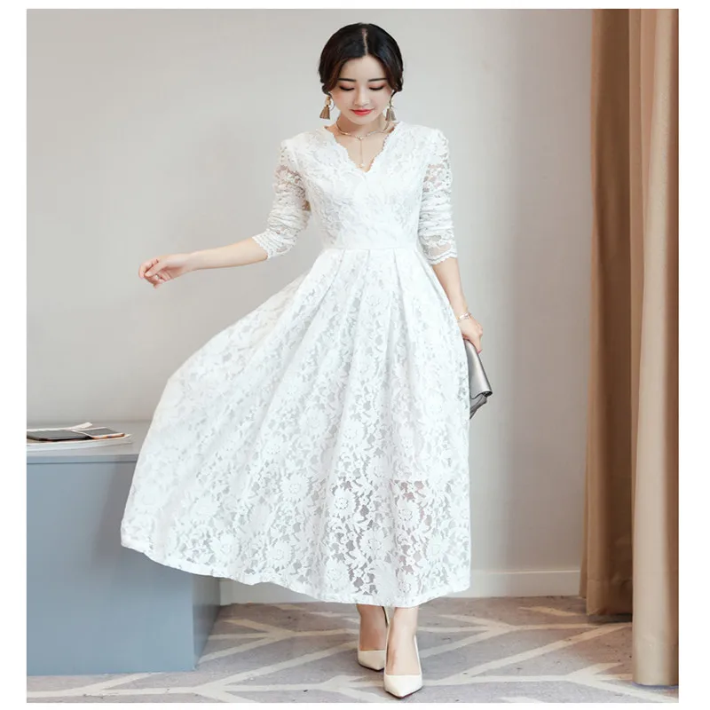 

2021 Spring and Autumn new women's clothing retro slim fit slimming temperament long sleeve ruffled long lace dress for women a