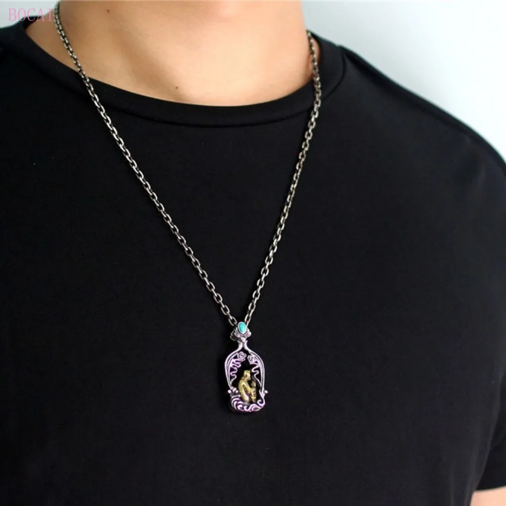 

BOCAI S925 Sterling Silver Pendant 2020 New Fashion Thai Silver Turquoise Auspicious Cloud Pattern Buddha 925 Silver Pendant