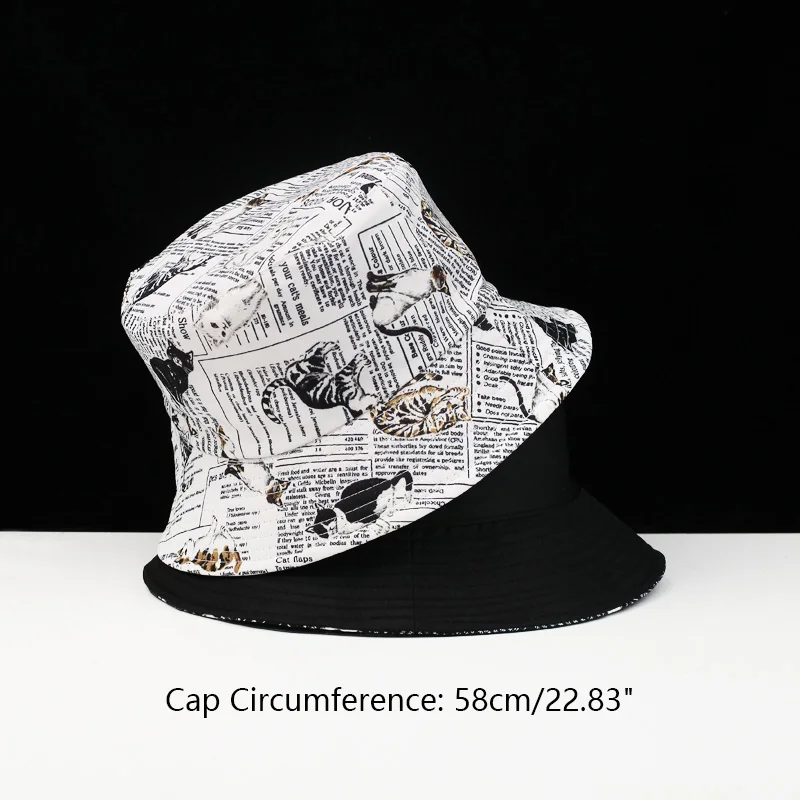 

Bucket Hat Women English Letters Double Side Cotton Reversible Newspaper Cat Sun Protection Cap Men's Hat gorro de pescador
