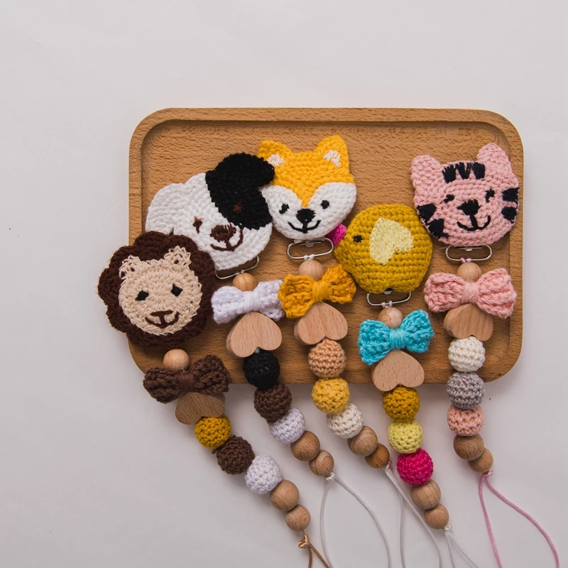 Baby Pacifier Clip Chain Crochet Beads Wooden Holder Cartoon Pacifier Clips Nipple Holder for Infant Nipple Bottle Clip Chain