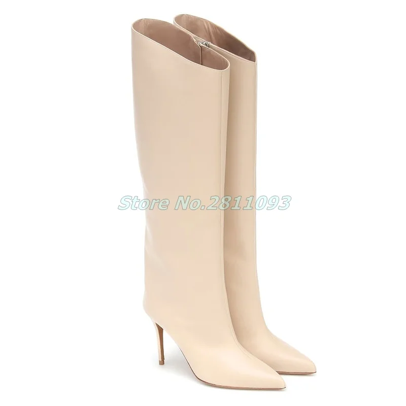Knee High Women Winter Boots Thin High Heel Sexy Pointed Toe Zipper Dress Shoes Solid Black Beige Custom Made Women Boots