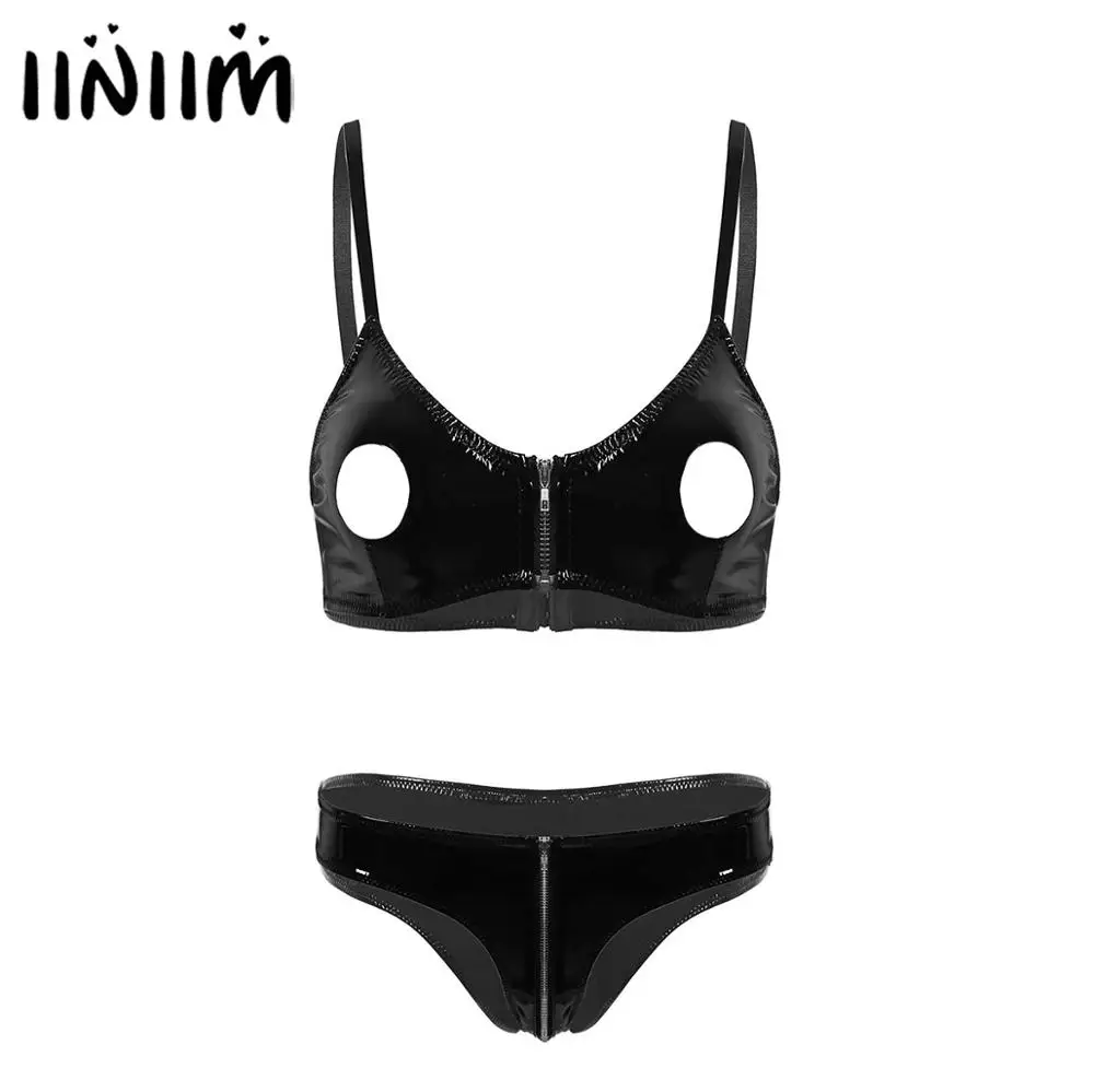 

iiniim Womens Wetlook Clubwear Leather Lingerie Exotic Set Hollow out Open Nipple Sissy Bra Top with Zippered Crotch Panties