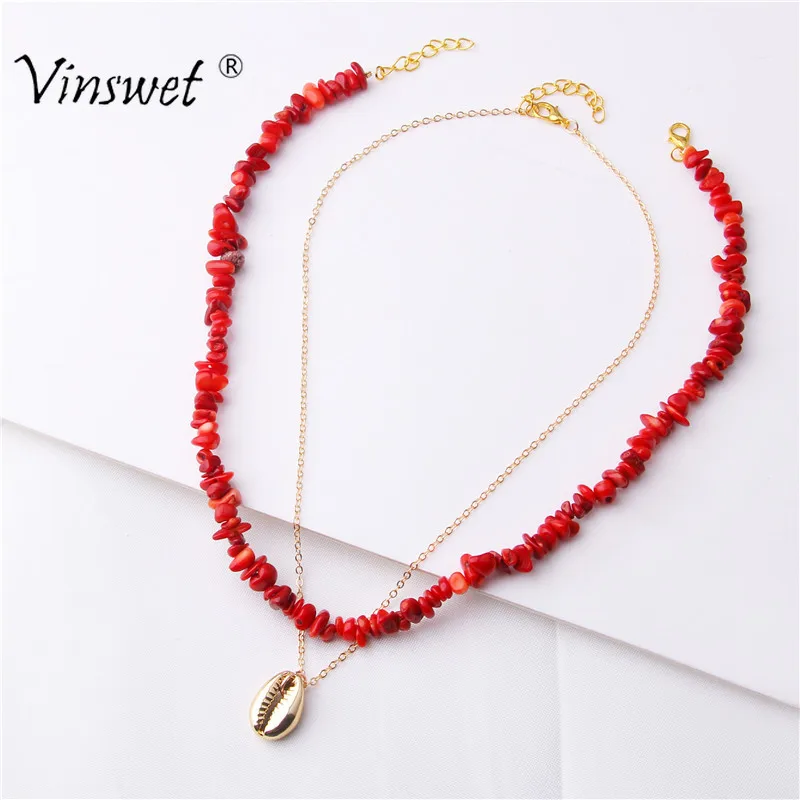 Женское Ожерелье богемные голубые бирюзовые красные коралловые камни цепочка