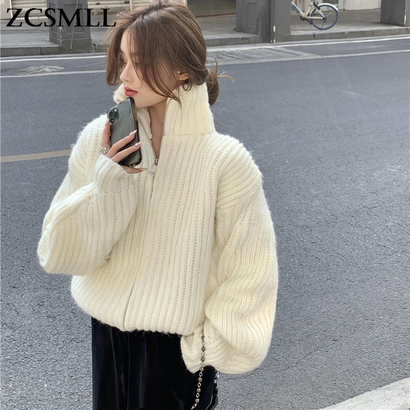 

ZCSMLL White sweater women loose Japanese winter new high-neck thick lazy cardigan short knit sweater coat trend