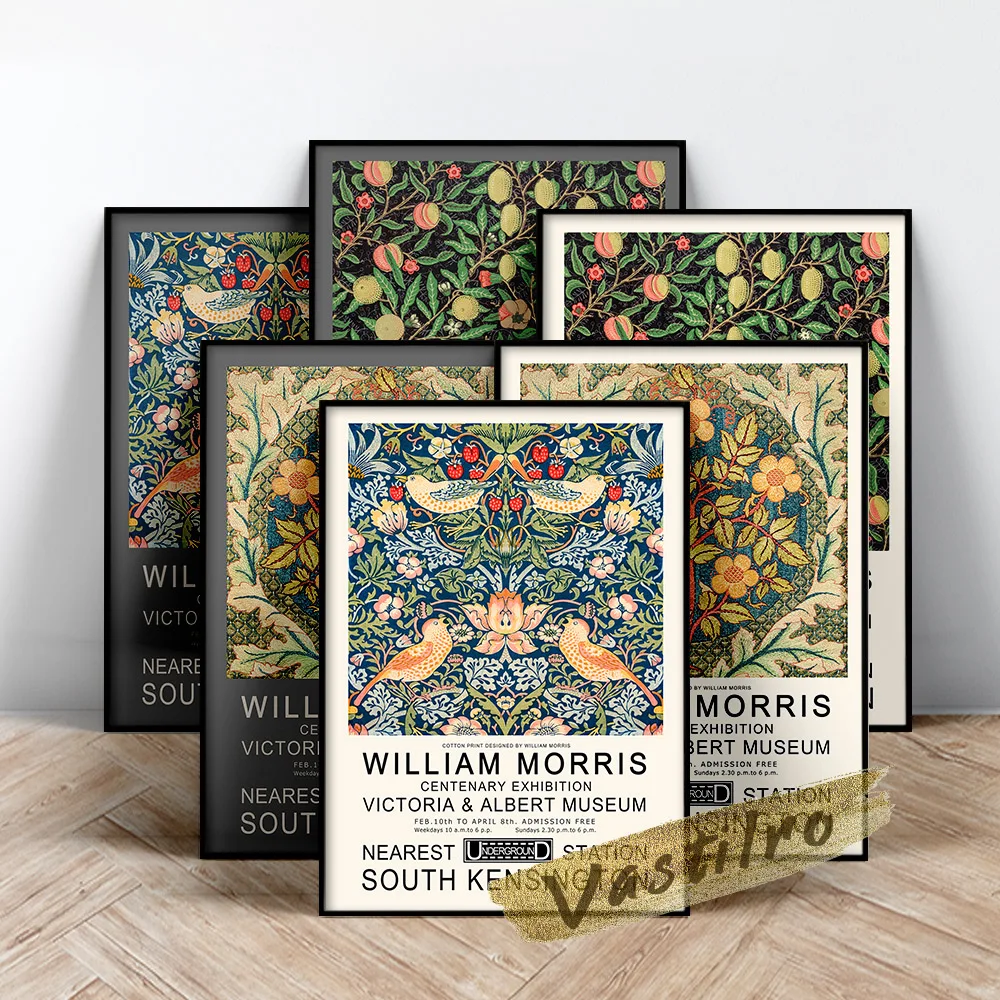 

William Morris Famous Classic Poster, Strawberry Thief Painting, Fabric Textured Background Prints, Morris Flower Leaf Wall Art