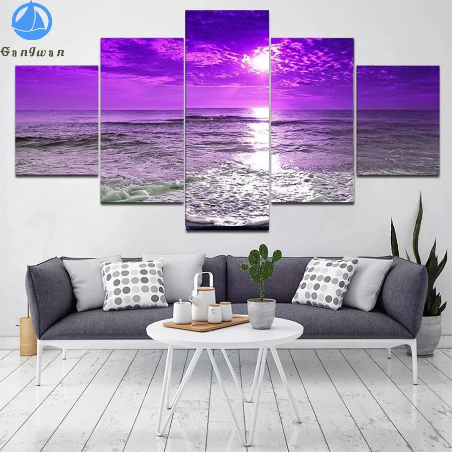 

Diamond Painting Natural scenery, purple sunset seascape Full Drill Square DIY Diamond Embroidery Cross Mosaic Home Decor5pcs