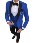 Мужской облегающий костюм, темно-синий костюм из трех предметов, повседневный черный смокинг шафера с лацканами, мужской костюм для свадьбы (пиджак + жилет + брюки), 2022
