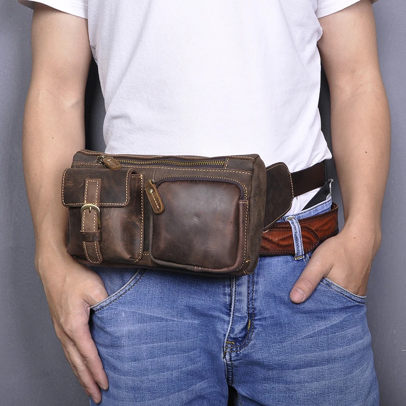 

Quality Leather Casual Fashion Fanny Waist Belt Bag Chest Pack Sling Bag Design Travel Phone Cigarette Case For men 811-10-d