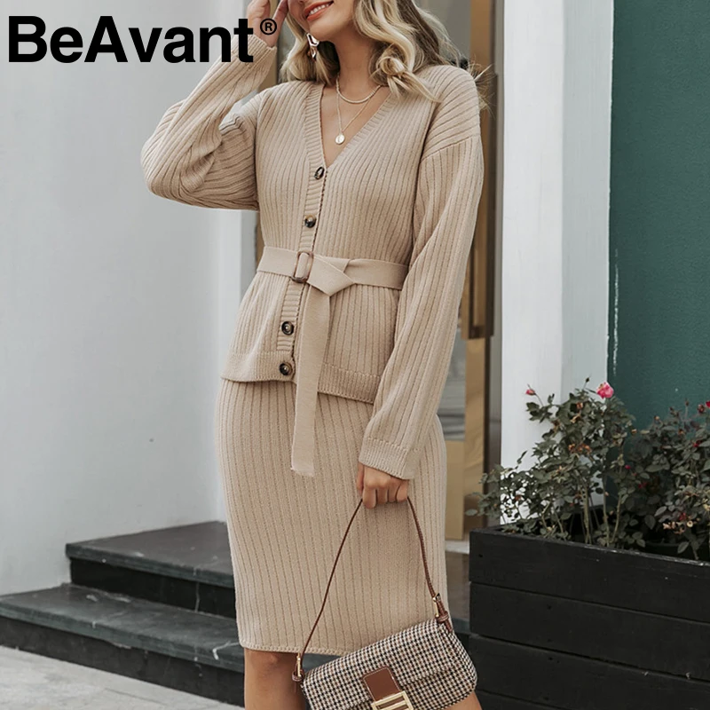 BeAvant вязаное платье из двух частей, элегантный осенне-зимний женский свитер, платье, костюм, белые пояса, длинный рукав, женские миди юбки