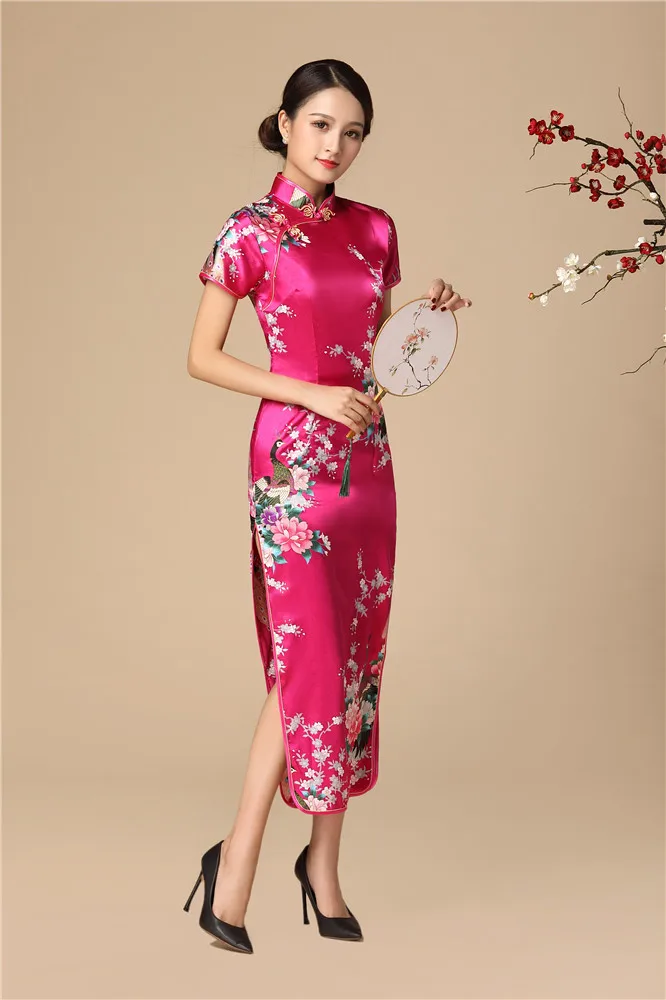 

Short Sleeve Long Qipao Ladies' Plus Size 3XL Peacock Chinese Dress Mandarin Collar Casual Dresses Sexy Elegant Tight Cheongsam
