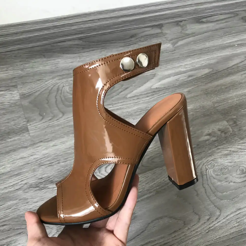 Женские лакированные сандалии на высоком каблуке Босоножки с открытым носком и
