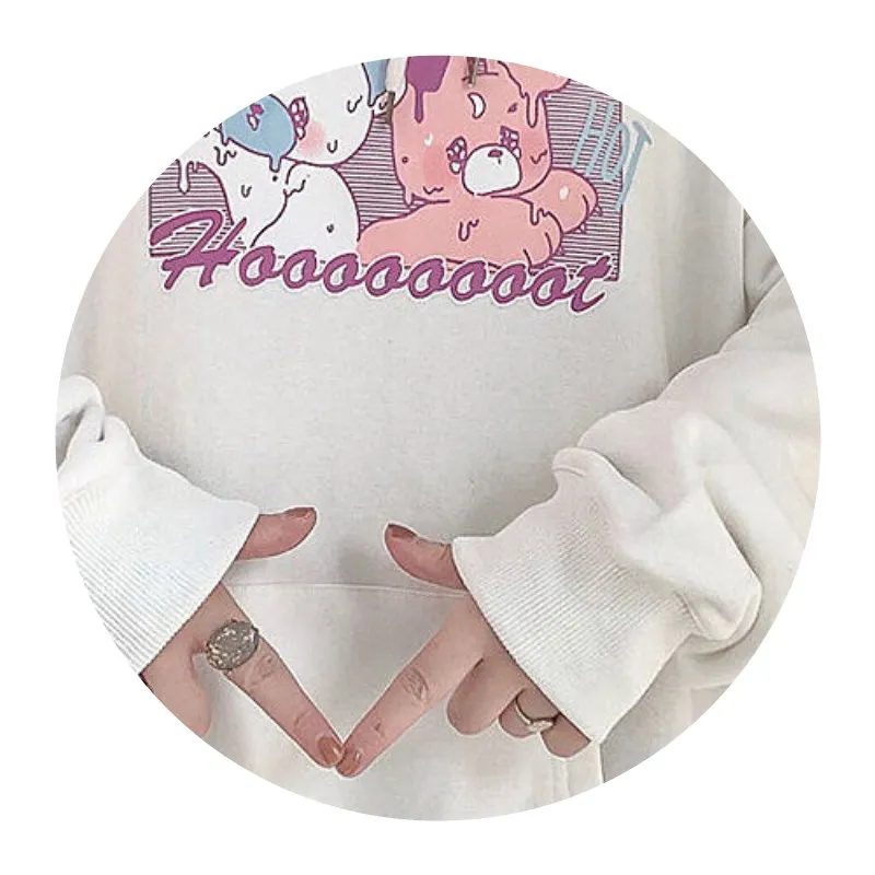 

Sweet Loose Bear Bunny Print Hooded Women Japanese Soft Sister Hoodies Girl Thicken Autumn Winter Pullover White Outer Tops