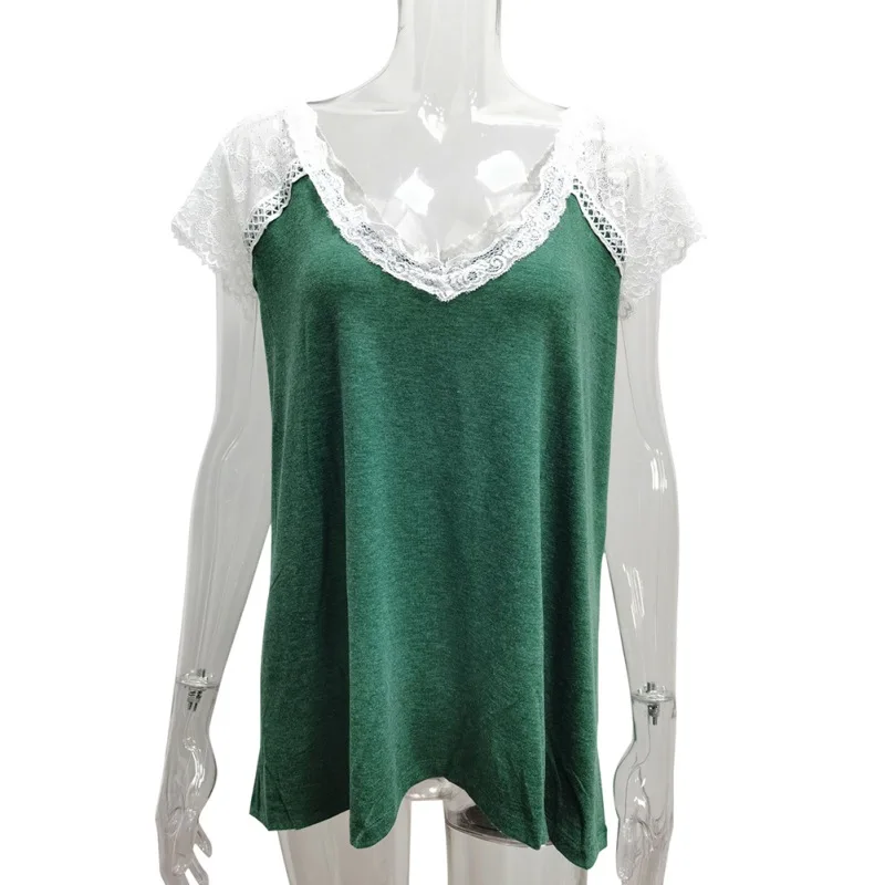 

New Lace Short Sleeve Women's Casual Lace Stitching V-neck Top T Shirt Summer Ladies Shirt Loose Short Sleeve Female T Shirts