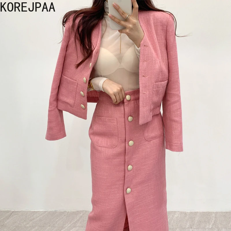 

Korejpaa Retro Elegant Women Suit Chic Buttons Long Sleeve Jacket High Waist Double Pocket Single Breasted Bodycon Skirt New