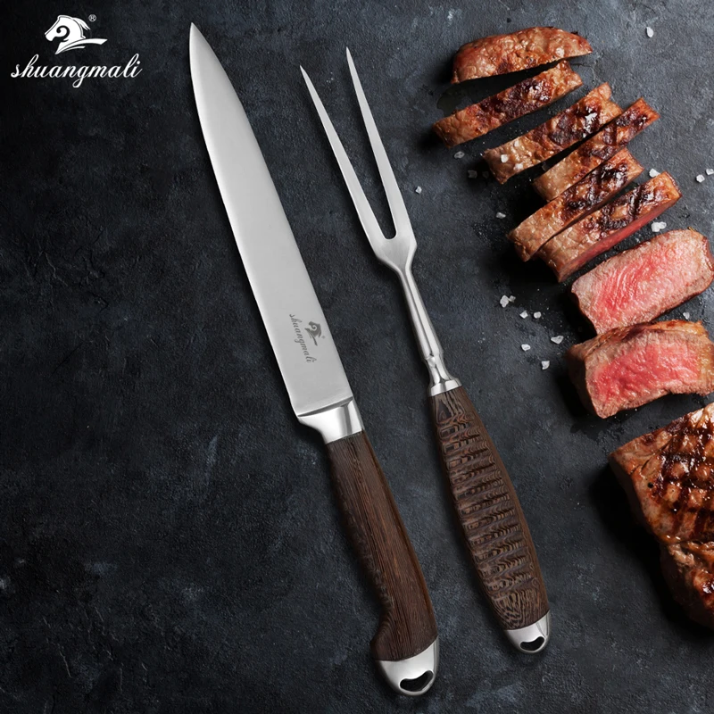 Shuangmali 2PC Roasting Fork Knife Set 5Cr15Mov Stainless Steel Barbecue Carving BBQ Meat Cutting Tool Wenge Wood Handle Cleaver - купить по