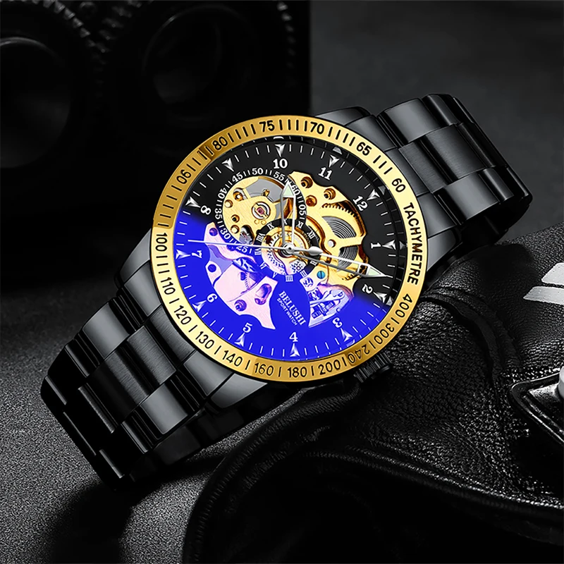 

CHYCET 2021 New Men's Watch Top Brand Leather Chronograph Waterproof Sports Automatic Date Quartz Men's Watch Gold Steel Strap