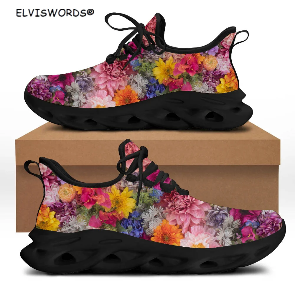 

ELVISWORDS Rose Flower Printed Casual Lace up Flex Control Sneakers for Women Ladies Leisure Spring Walking Shoes Flats Shoes