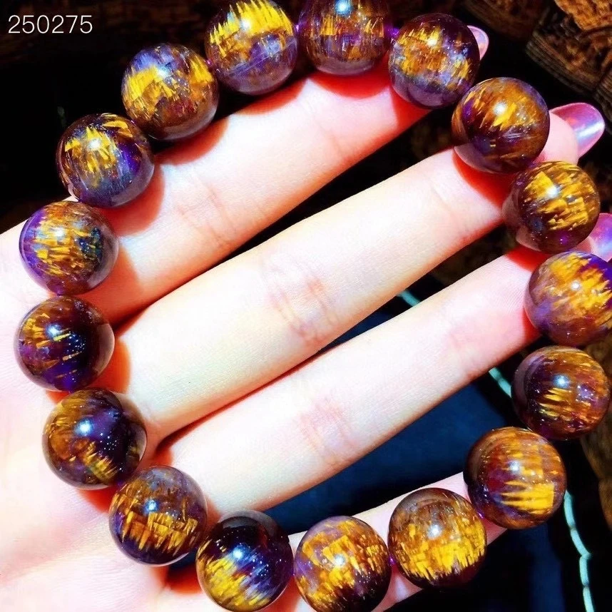 

Натуральный какоксенит, ауралит 23, фиолетовый рутилированный кварцевый браслет 12,5 мм, кошачий глаз, Круглый браслет с бусинами для женщин и ...