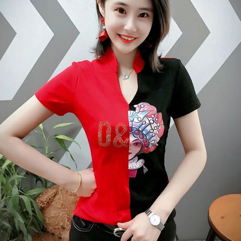 Women T-shirt 2021 New Arrival Summer Slim Female T-shirt V-neck Peking Opera Patchwork Diamond Chinese Style c61