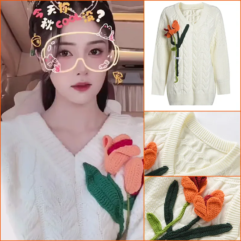 

Свитер с V-образным вырезом и объемными цветами, верхняя одежда, Женский Зимний дизайнерский свободный свитер средней длины для ленивых