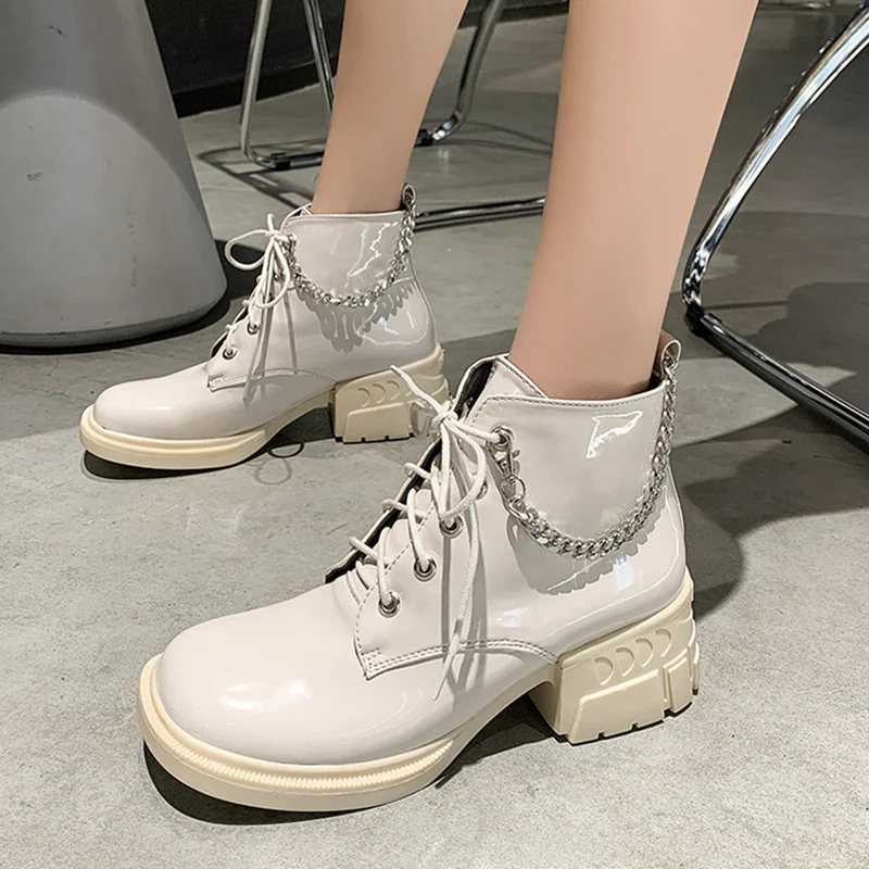 

Rimocy Fashion Metal Chain Square Toe Ankle Boots for Women Autumn Patent Leather Med Heel Boots Woman Platform Motorcycle Botas