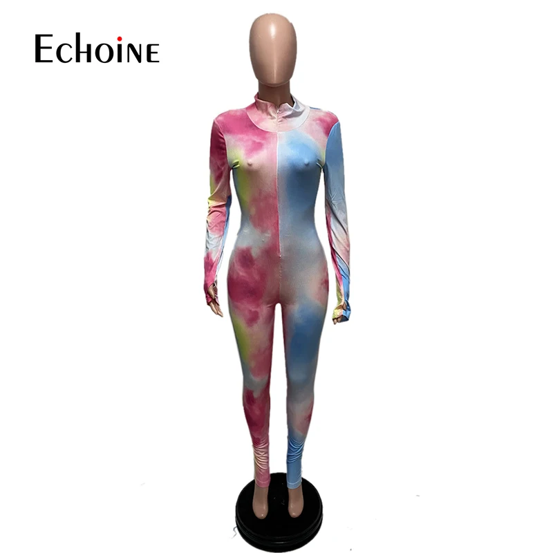 

Echoine Women Tie-Dye Print Knitted Ribbed Workout Rompers Jumpsuit Zipper Biker Long Sleeve Fitness bodysuit Skinny Overall