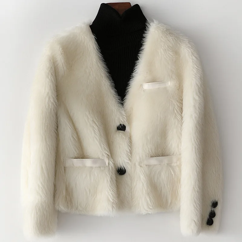 Winter Slim Women Wool Fur Coat Fashion Short Cashmere Jacket Simple Multicolor Options Sexy V-Neck Pocket Female Warm Clothes