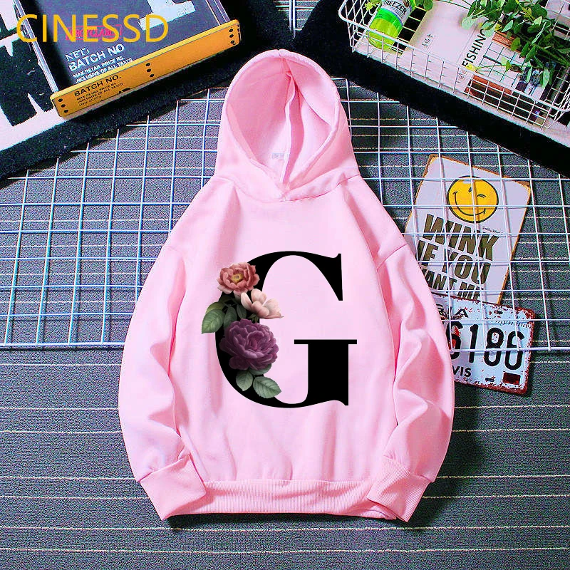 Letters 26 English Alphabet flowers print pink cap sweatshirt for children kids girls winter clothes boys plus velvet hoodies