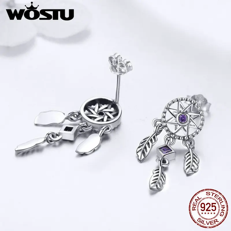 WOSTU 100% 925 Sterling Silver Dream Catcher Dangle Earrings Zircon Fashion Drop For Women Wedding Luxury Jewelry Gifts | Украшения и