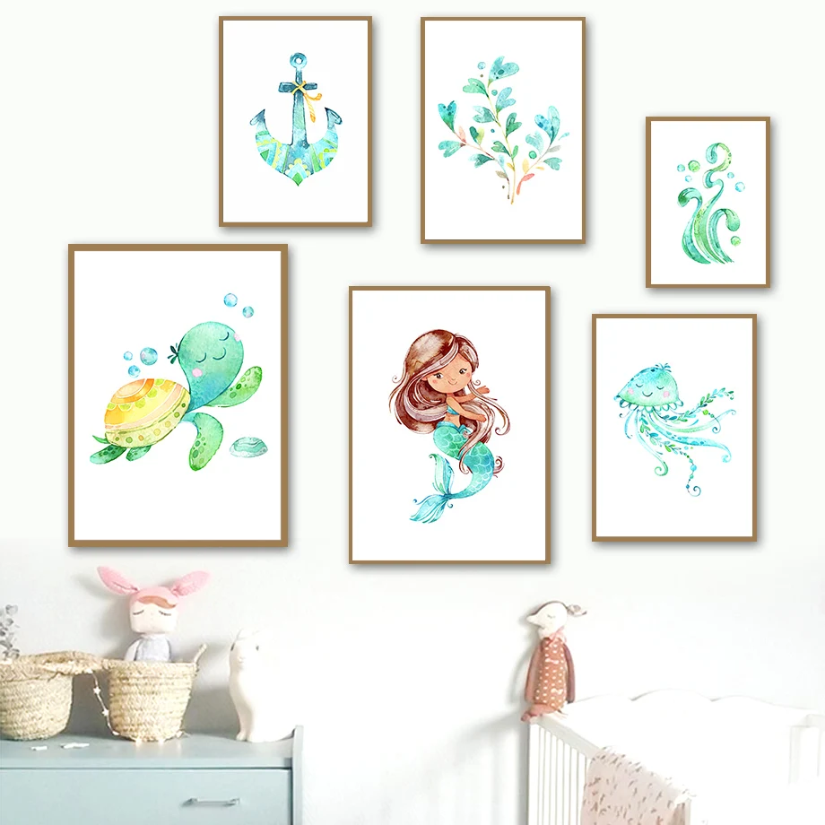 Маленькая Русалка водоросли черепаха Медуза настенная Картина на холсте