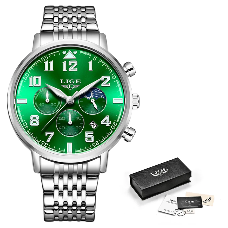 

New Green Quartz Watch Men 2020 LIGE Fashion Mens Watches Top Brand Luxury Digital Clock All Steel Waterproof Sport Chronograph