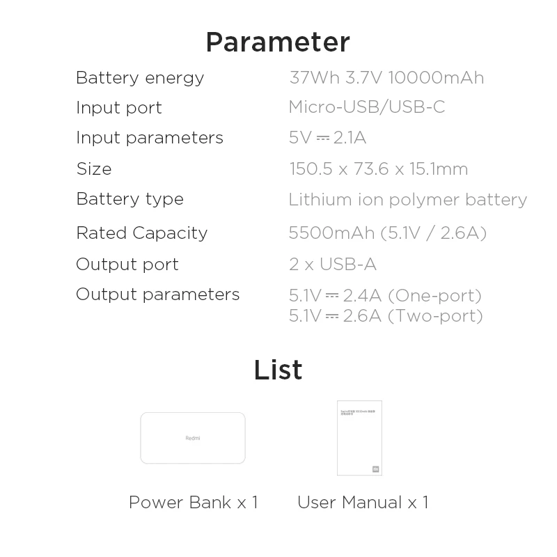 Xiaomi Redmi 10000 мАч Внешний аккумулятор USB повербанк внешний зарядное устройство
