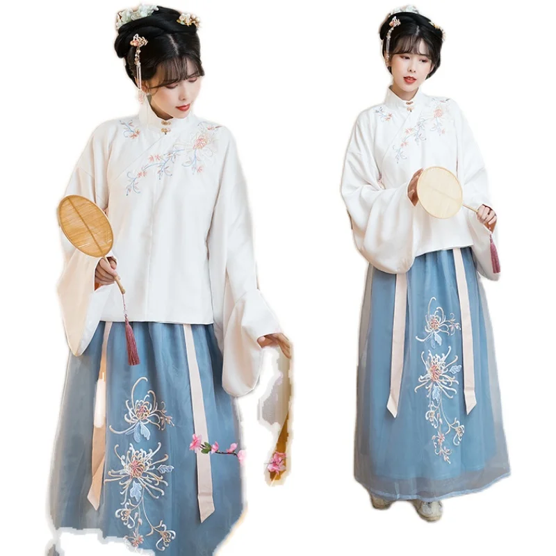 

2021 Ming Dynasty Traditional Embroidery Clothes For Women White Tops Blue Skirt New Style Hanfu Classical Dance Clothing