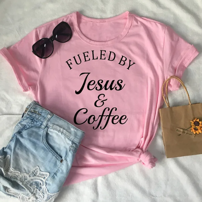 

Women Fueled By Jesus And Coffee Summer Short Sleeve Letters Top Floral Ladies Casual Pink Funny Hipster Tee T-Shirt