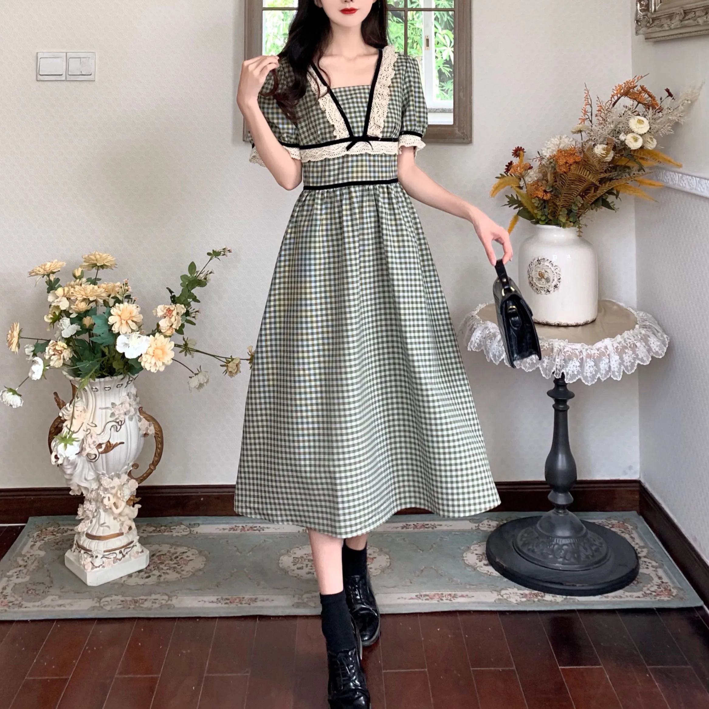 

Женское пасторальное платье в клетку, платье в французском ретро-стиле с пышными рукавами и высокой талией