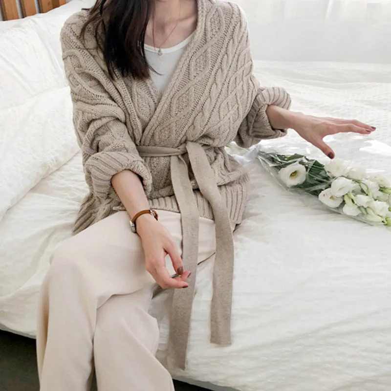 

Women'S Sweaters 2020 Autumn Winter Korean Style Knitted Cardigans Elegant Sashes Casual Lace Up Knitwear Sweater Jacket Coats