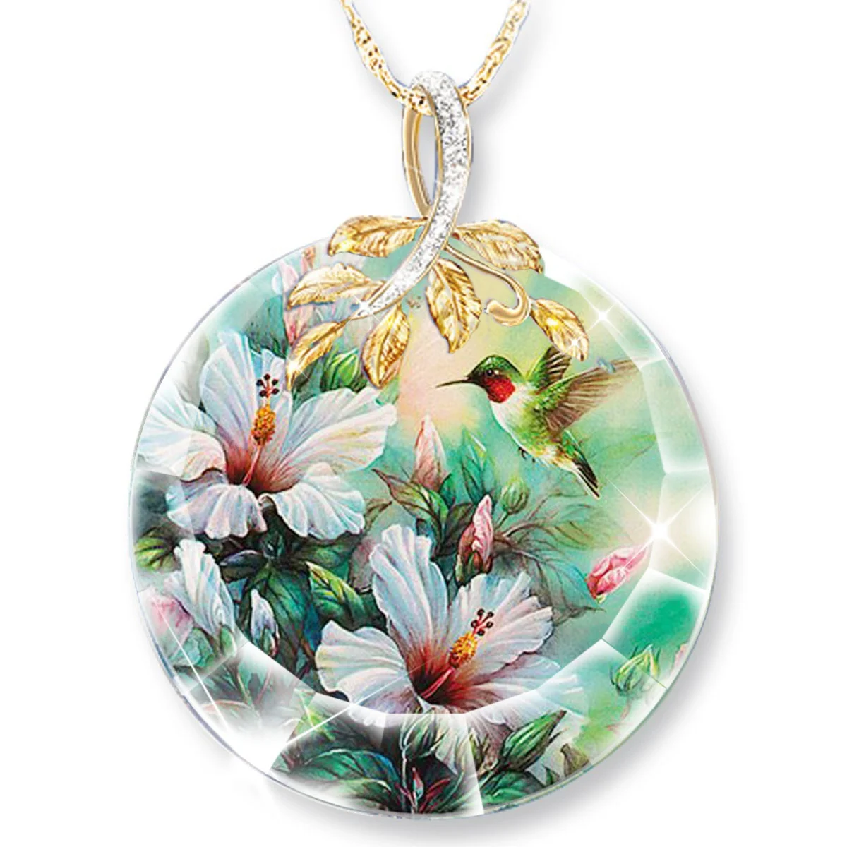 

Women's Fashion Crystal Pendant Hummingbird Necklace Creative 18K Gold Foils Set with Round Glass Bird Flower Photo Necklace