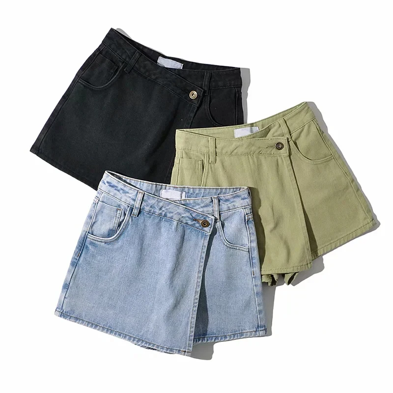 

Women An Asymmetric Wrap-Style Front Denim Shorts With Featuring Side Pockets Casual Denim Skort