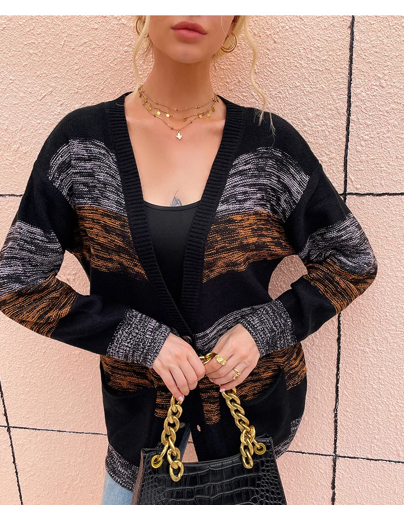 

Women Knitted Cardigan Stripe Splicing V-Neck Long Sleeves Button-Open Knit Coat with Pockets for Girls