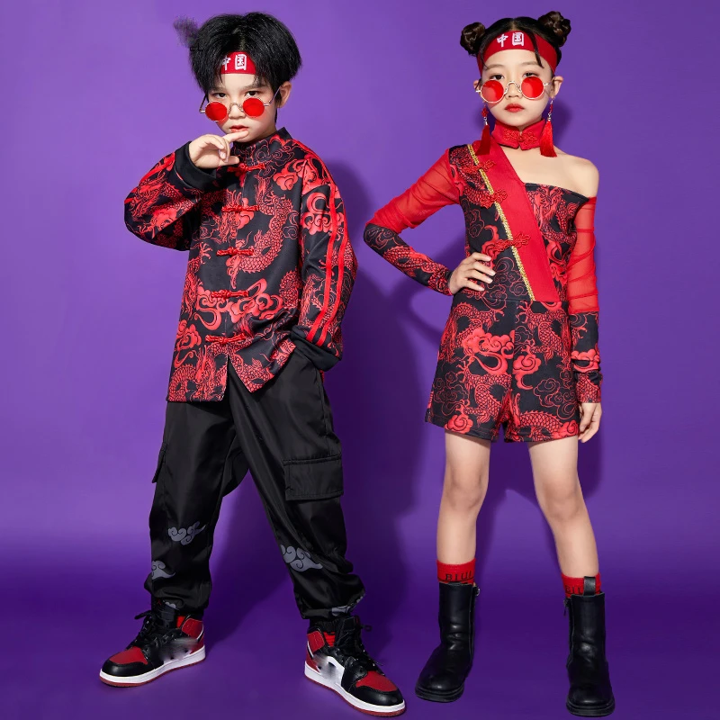

Chinese Style Hip Hop Dance Costumes For Kids Children Red Outfits Jazz Performance Costumes Street Dance Rave Clothes DN10459