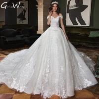 luxury off the shoudler ball gown wedding dress lace up back lace appliques sequined with train bride gown vestido de noiva