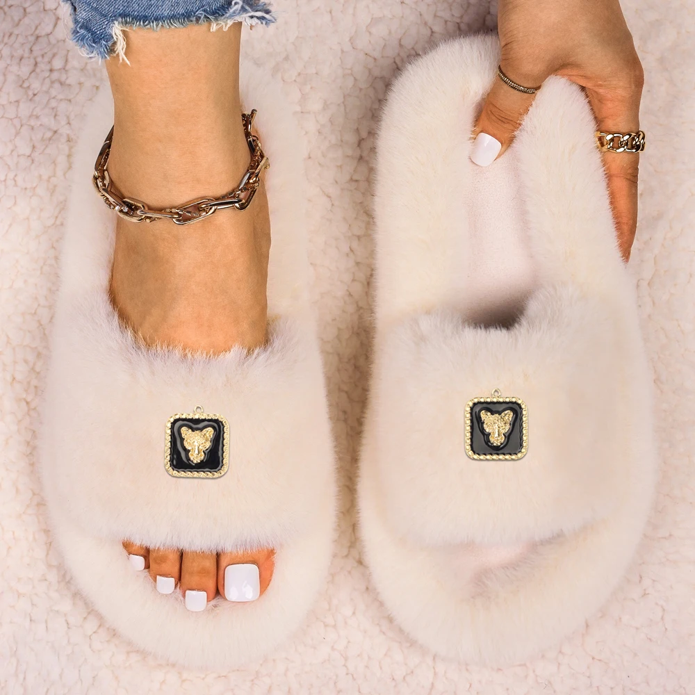 Flip Flop Slippers Faux Fur Fuzzy Slides Plush Sandals Fluffy Slippers Square Metal Earrings Designer Shoes Free Shipping 2022