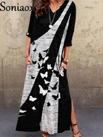 fashion stitched half sleeve slit dress 2021 spring summer new contrast print butterfly long robe women casual v neck streetwear